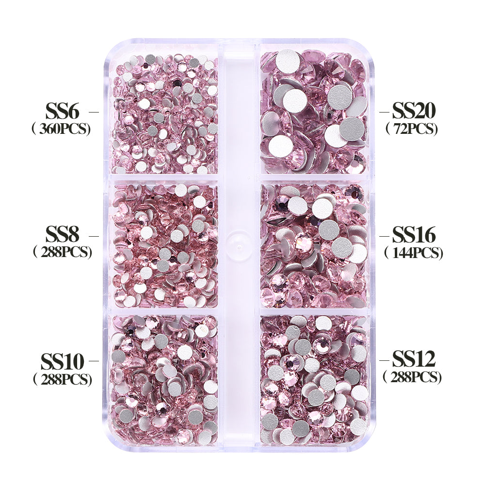 Mixed Sizes 6 Grid Box Light Pink Glass FlatBack Rhinestones For Nail Art Silver Back