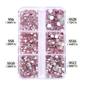 Mixed Sizes 6 Grid Box Light Pink Glass FlatBack Rhinestones For Nail Art Silver Back WholesaleRhinestone