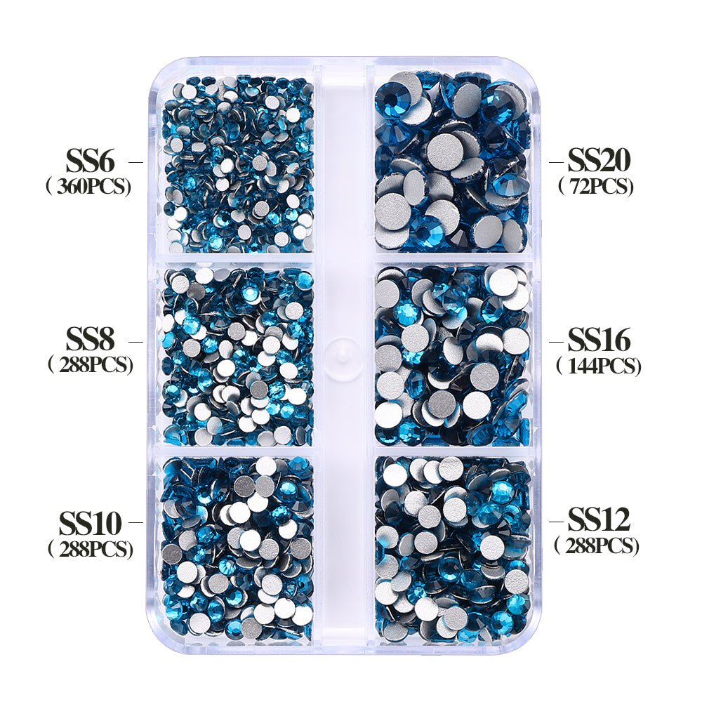 Mixed Sizes 6 Grid Box Indicolite Glass FlatBack Rhinestones For Nail Art  Silver Back