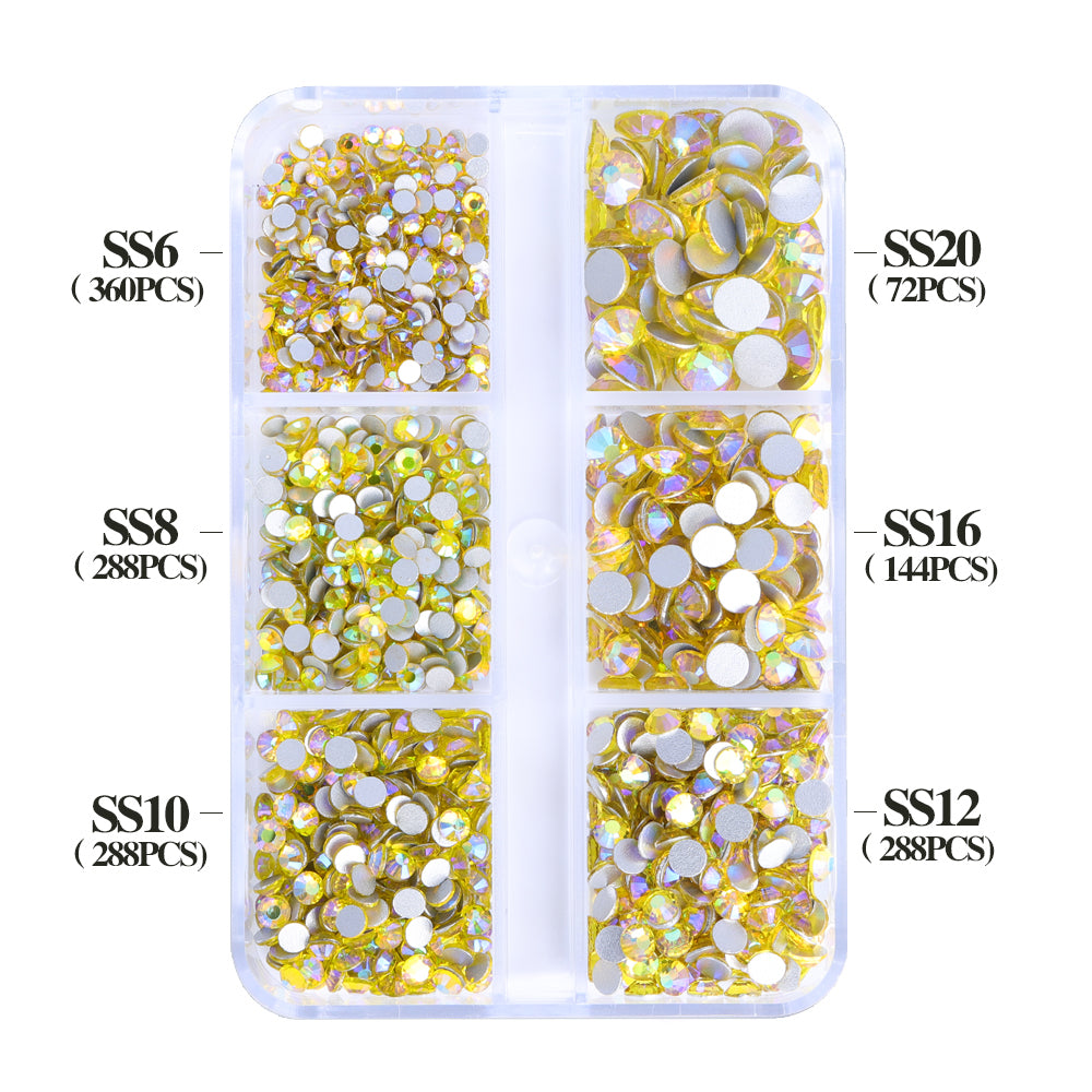 Mixed Sizes 6 Grid Box Citrine AB Glass FlatBack Rhinestones For Nail Art Silver Back