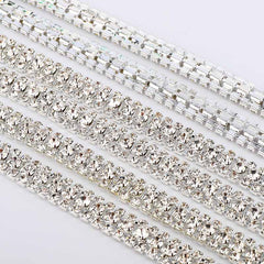 10 Yards Crystal Rhinestones Close Cup Chain -  3 Rows Silver Base WholesaleRhinestone