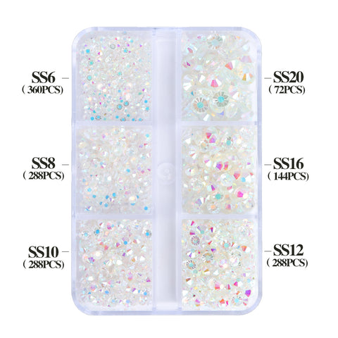 Mixed Sizes 6 Grid Box Crystal AB Glass FlatBack Rhinestones For Nail Art  Unfoiled Back