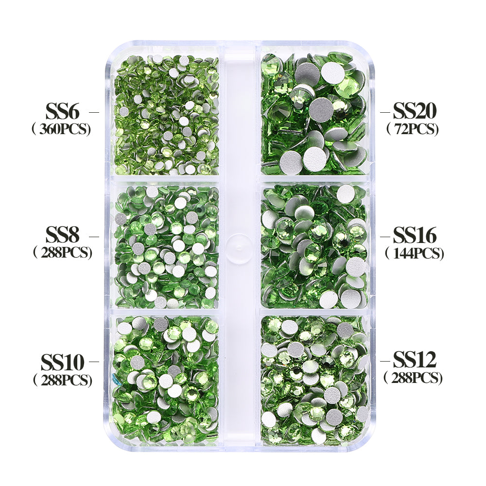 Mixed Sizes 6 Grid Box Peridot Glass FlatBack Rhinestones For Nail Art  Silver Back WholesaleRhinestone