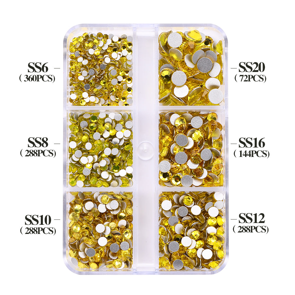 Mixed Sizes 6 Grid Box Citrine Glass FlatBack Rhinestones For Nail Art Silver Back WholesaleRhinestone