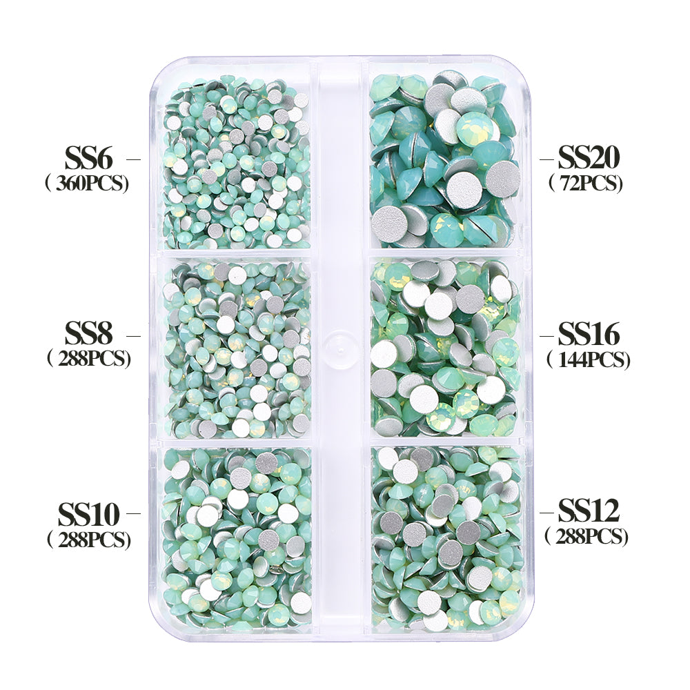 Mixed Sizes 6 Grid Box Green Opal Glass FlatBack Rhinestones For Nail Art Silver Back