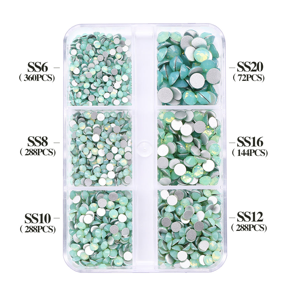 Mixed Sizes 6 Grid Box Green Opal Glass FlatBack Rhinestones For Nail Art Silver Back WholesaleRhinestone