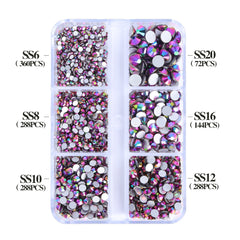 Mixed Sizes 6 Grid Box Rainbow Rose Gold Glass FlatBack Rhinestones For Nail Art Silver Back