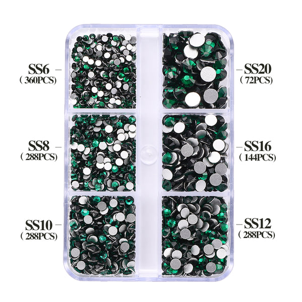 Mixed Sizes 6 Grid Box Dark Green Glass FlatBack Rhinestones For Nail Art  Silver Back WholesaleRhinestone