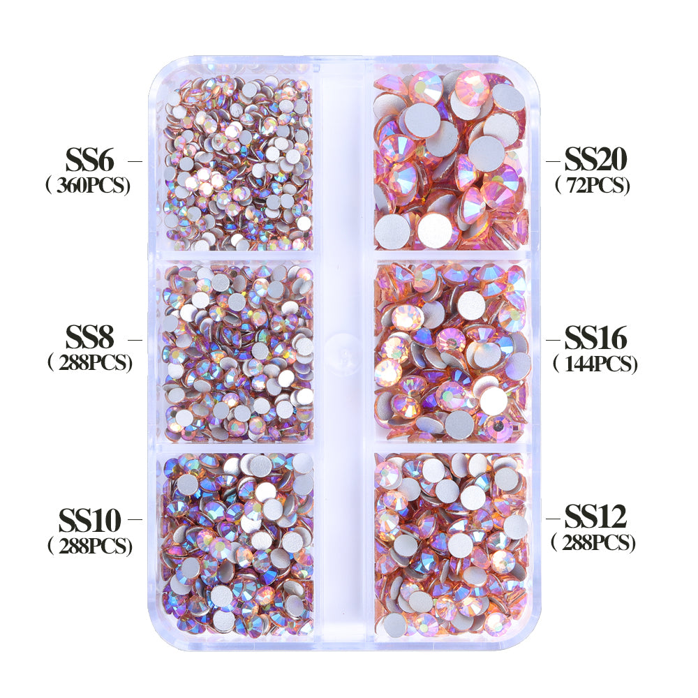 Mixed Sizes 6 Grid Box Champagne AB Glass FlatBack Rhinestones For Nail Art Silver Back WholesaleRhinestone