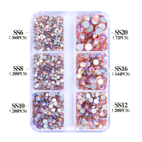 Mixed Sizes 6 Grid Box Champagne AB Glass FlatBack Rhinestones For Nail Art Silver Back WholesaleRhinestone