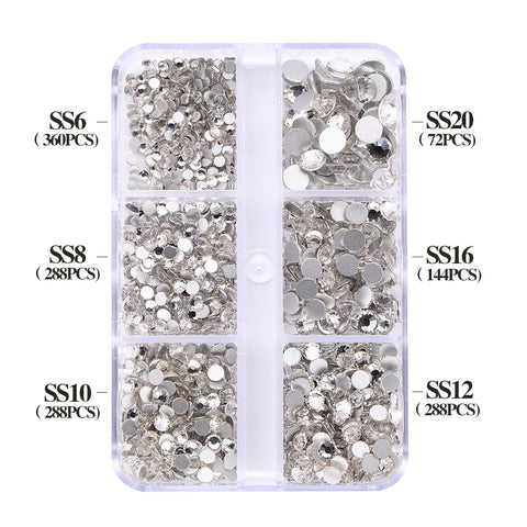 Mixed Sizes 6 Grid Box Crystal Glass FlatBack Rhinestones For Nail Art Silver Back