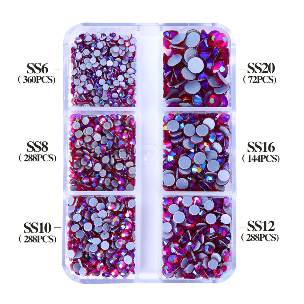 Mixed Sizes 6 Grid Box Siam AB Glass HotFix Rhinestones For Clothing DIY