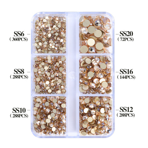 Mixed Sizes 6 Grid Box Golden Shadow Glass FlatBack Rhinestones For Nail Art Golden Back