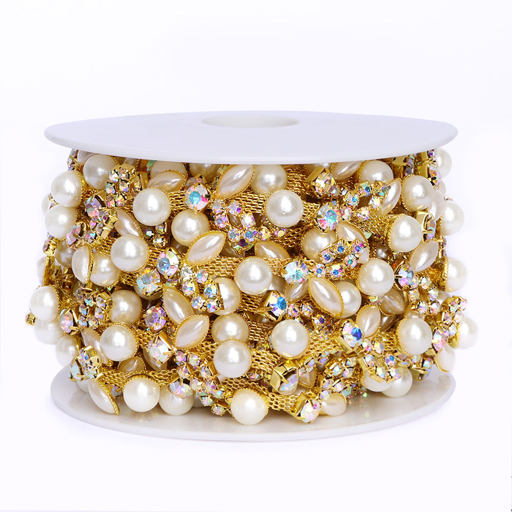 Sew-on Crystal AB Glass Rhinestone Pearl Trim Chain Applique RA1026 Secondary image