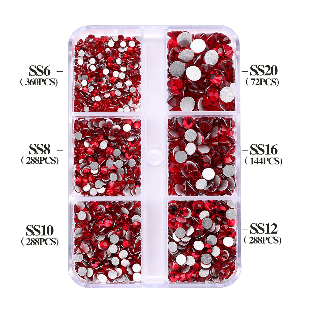 Mixed Sizes 6 Grid Box Siam Glass FlatBack Rhinestones For Nail Art Silver Back