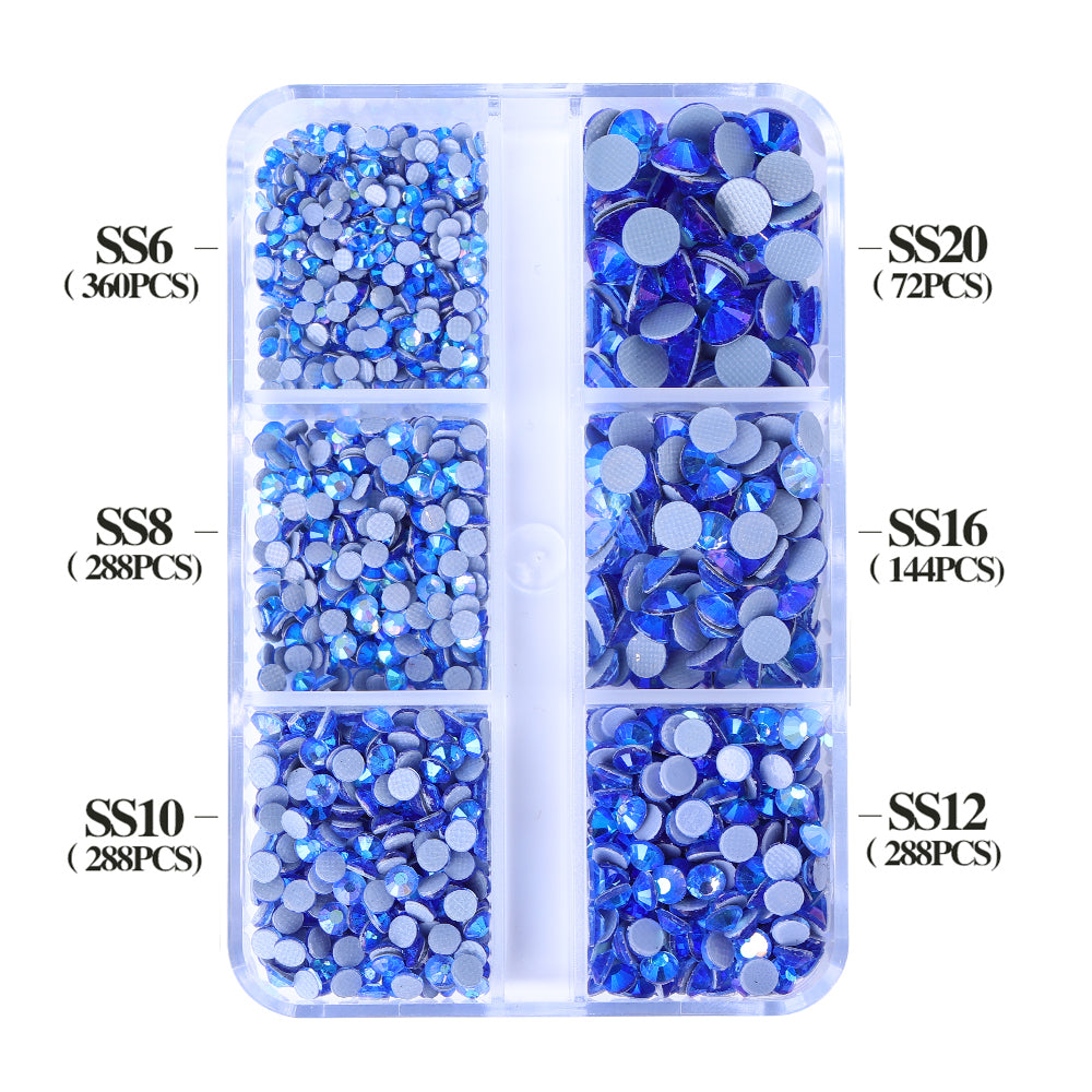 Mixed Sizes 6 Grid Box Light Blue AB Glass HotFix Rhinestones For