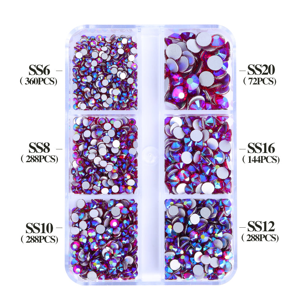 Mixed Sizes 6 Grid Box Dark Siam AB Glass FlatBack Rhinestones For Nail Art Silver Back