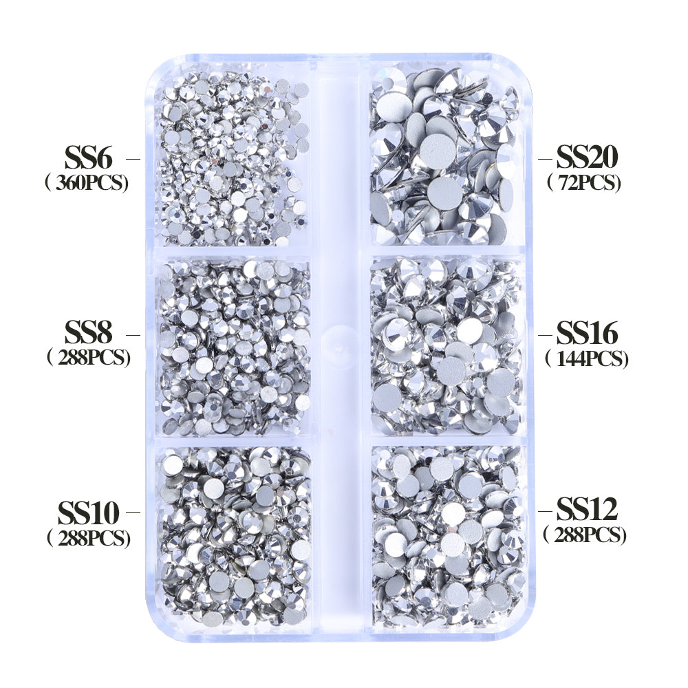 Mixed Sizes 6 Grid Box Silver Glass FlatBack Rhinestones For Nail Art  Silver Back