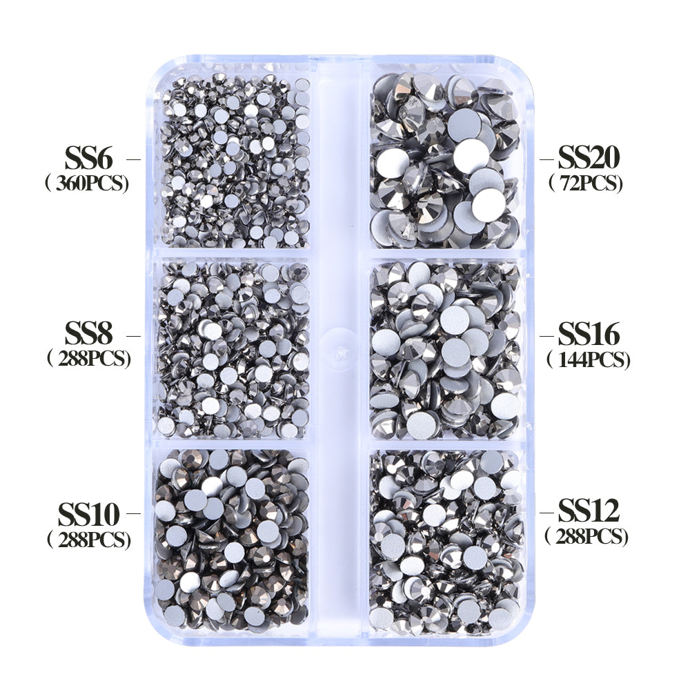 Mixed Sizes 6 Grid Box Hematite Glass FlatBack Rhinestones For Nail Art  Silver Back