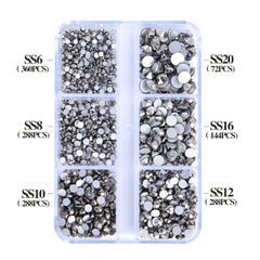 Mixed Sizes 6 Grid Box Hematite Glass FlatBack Rhinestones For Nail Art  Silver Back