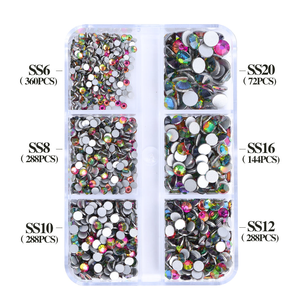 Mixed Sizes 6 Grid Box Rainbow Glass FlatBack Rhinestones For Nail Art Silver Back