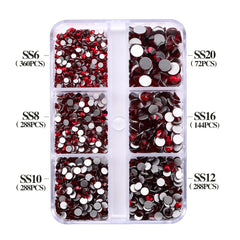 Mixed Sizes 6 Grid Box Dark Siam Glass FlatBack Rhinestones For Nail Art Silver Back