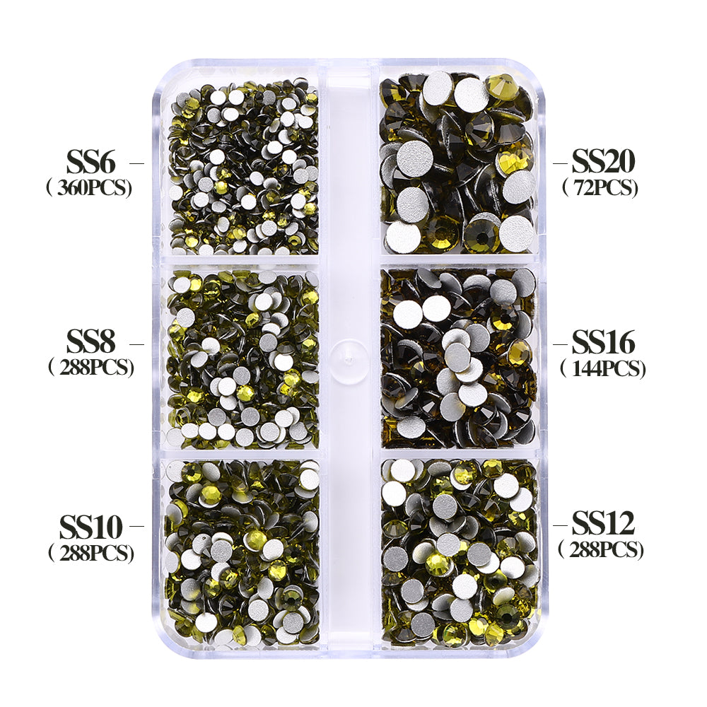 Mixed Sizes 6 Grid Box Olive Green Glass FlatBack Rhinestones For Nail Art  Silver Back WholesaleRhinestone