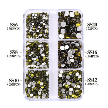 Mixed Sizes 6 Grid Box Olive Green Glass FlatBack Rhinestones For Nail Art  Silver Back WholesaleRhinestone