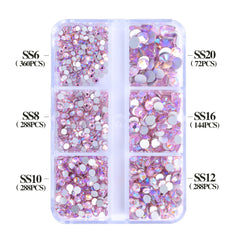 Mixed Sizes 6 Grid Box Light Pink AB Glass FlatBack Rhinestones For Nail Art Silver Back