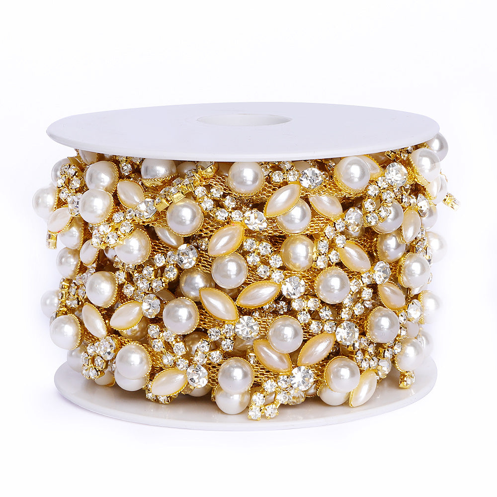 Sew-on Crystal Glass Rhinestone Pearl Trim Chain Applique RA1026 Secondary image