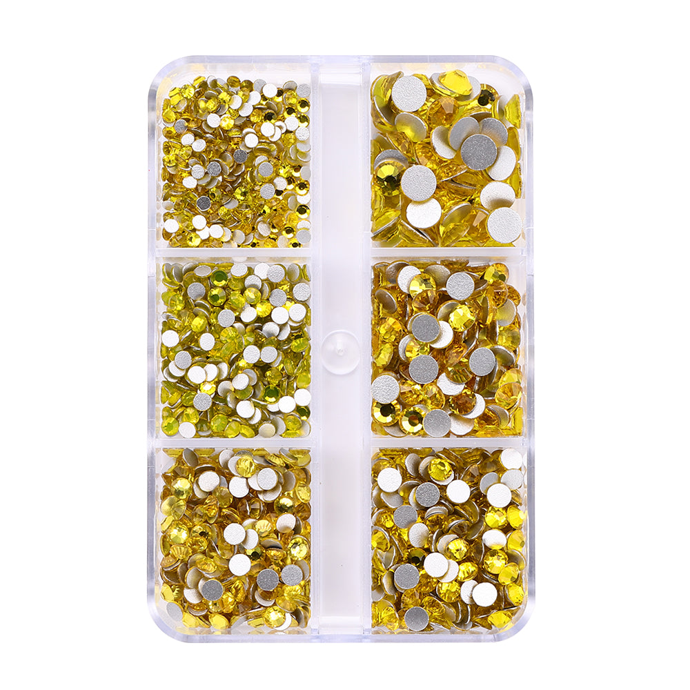 Mixed Sizes 6 Grid Box Citrine Glass FlatBack Rhinestones For Nail Art Silver Back