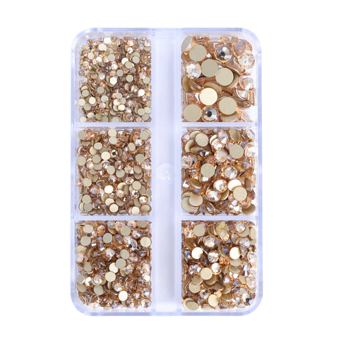 Mixed Sizes 6 Grid Box Golden Shadow Glass FlatBack Rhinestones For Nail Art Golden Back
