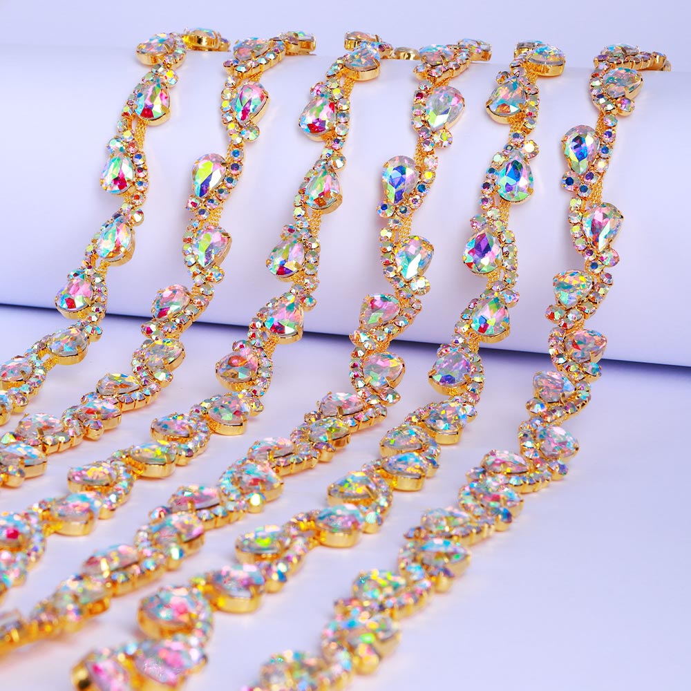 Sew-on Crystal AB Glass Raindrop Rhinestone Trim Chain Applique RA1100 WholesaleRhinestone