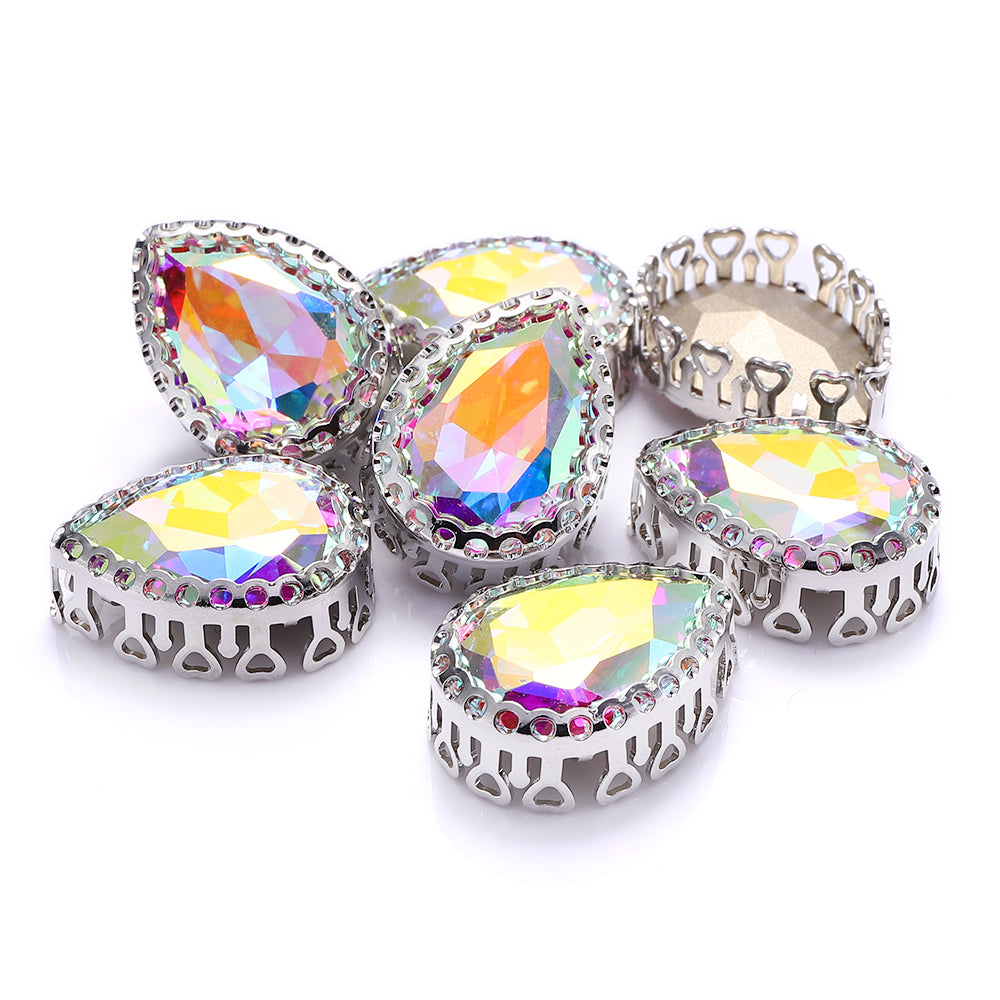Crystal AB Drop Shape High-Quality Glass Sew-on Nest Hollow Claw Rhinestones