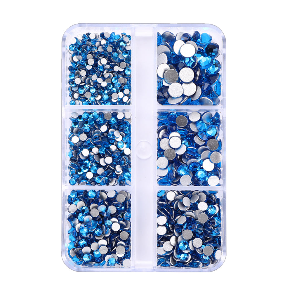 Mixed Sizes 6 Grid Box Capri Blue Glass FlatBack Rhinestones For Nail Art  Silver Back