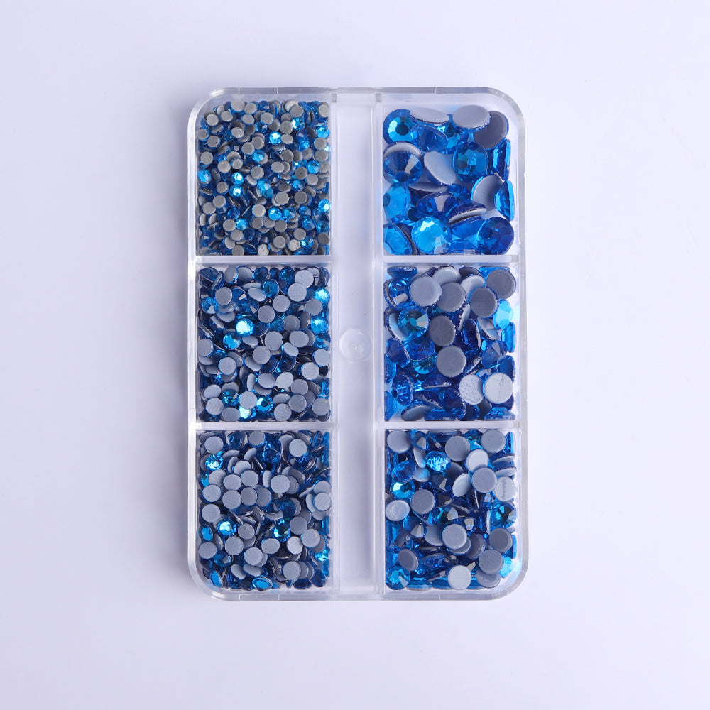 Mixed Sizes 6 Grid Box Capri Blue Glass HotFix Rhinestones For Clothing DIY