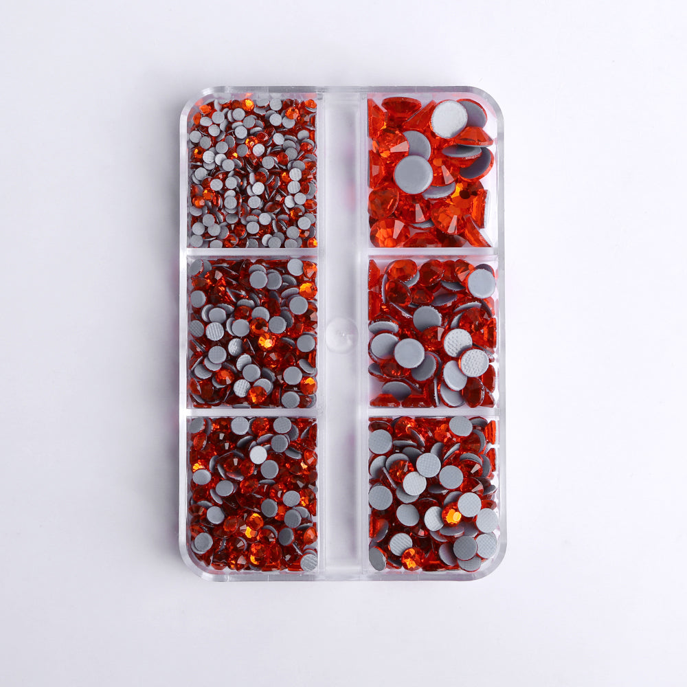 Mixed Sizes 6 Grid Box Orange Glass HotFix Rhinestones For Clothing DIY