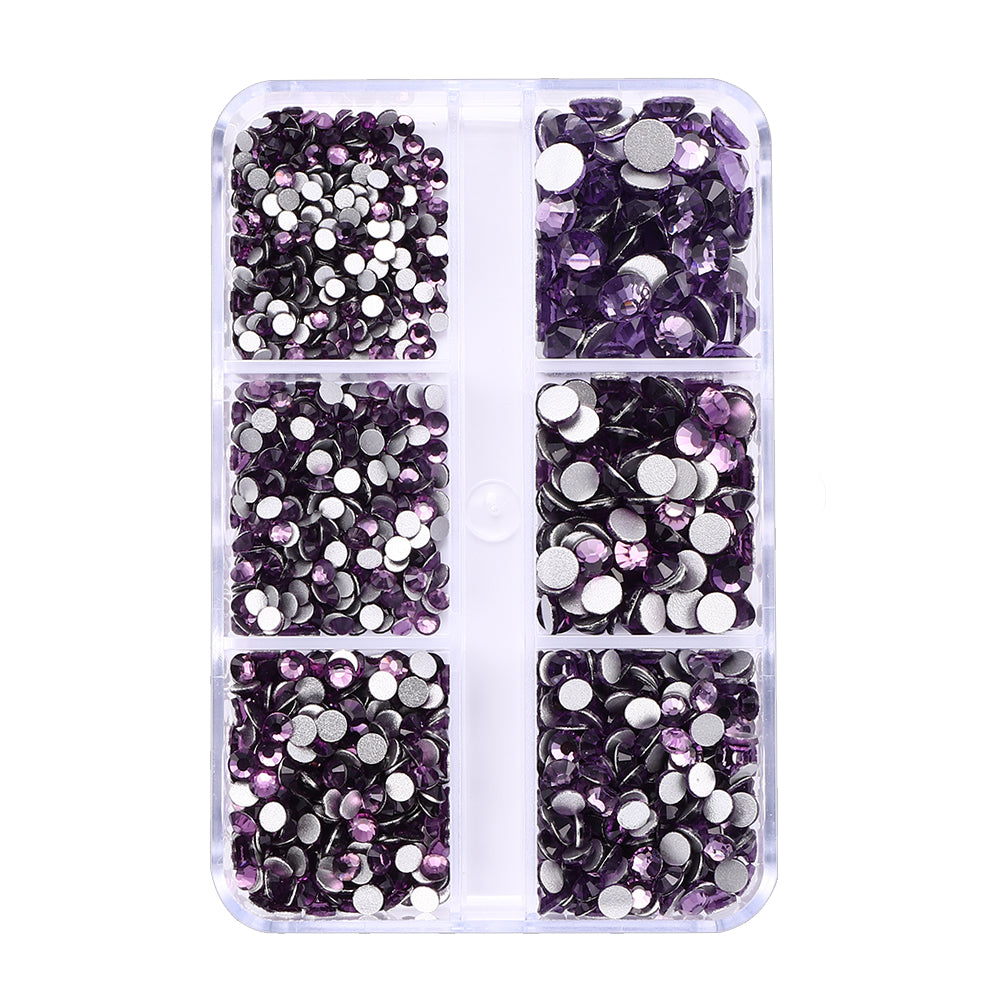 Mixed Sizes 6 Grid Box Tanzanite Glass FlatBack Rhinestones For Nail Art Silver Back