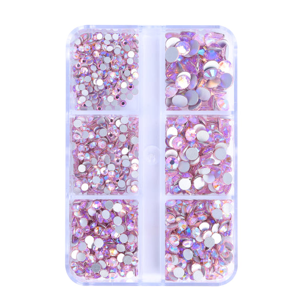 Mixed Sizes 6 Grid Box Light Pink AB Glass FlatBack Rhinestones For Nail Art Silver Back WholesaleRhinestone