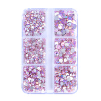 Mixed Sizes 6 Grid Box Light Pink AB Glass FlatBack Rhinestones For Nail Art Silver Back