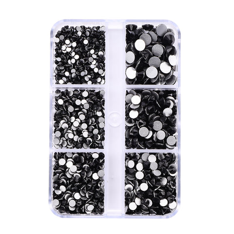 Mixed Sizes 6 Grid Box Black Glass FlatBack Rhinestones For Nail Art Silver Back