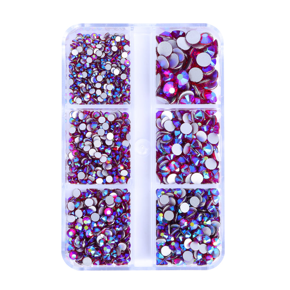 Mixed Sizes 6 Grid Box Dark Siam AB Glass FlatBack Rhinestones For Nail Art Silver Back