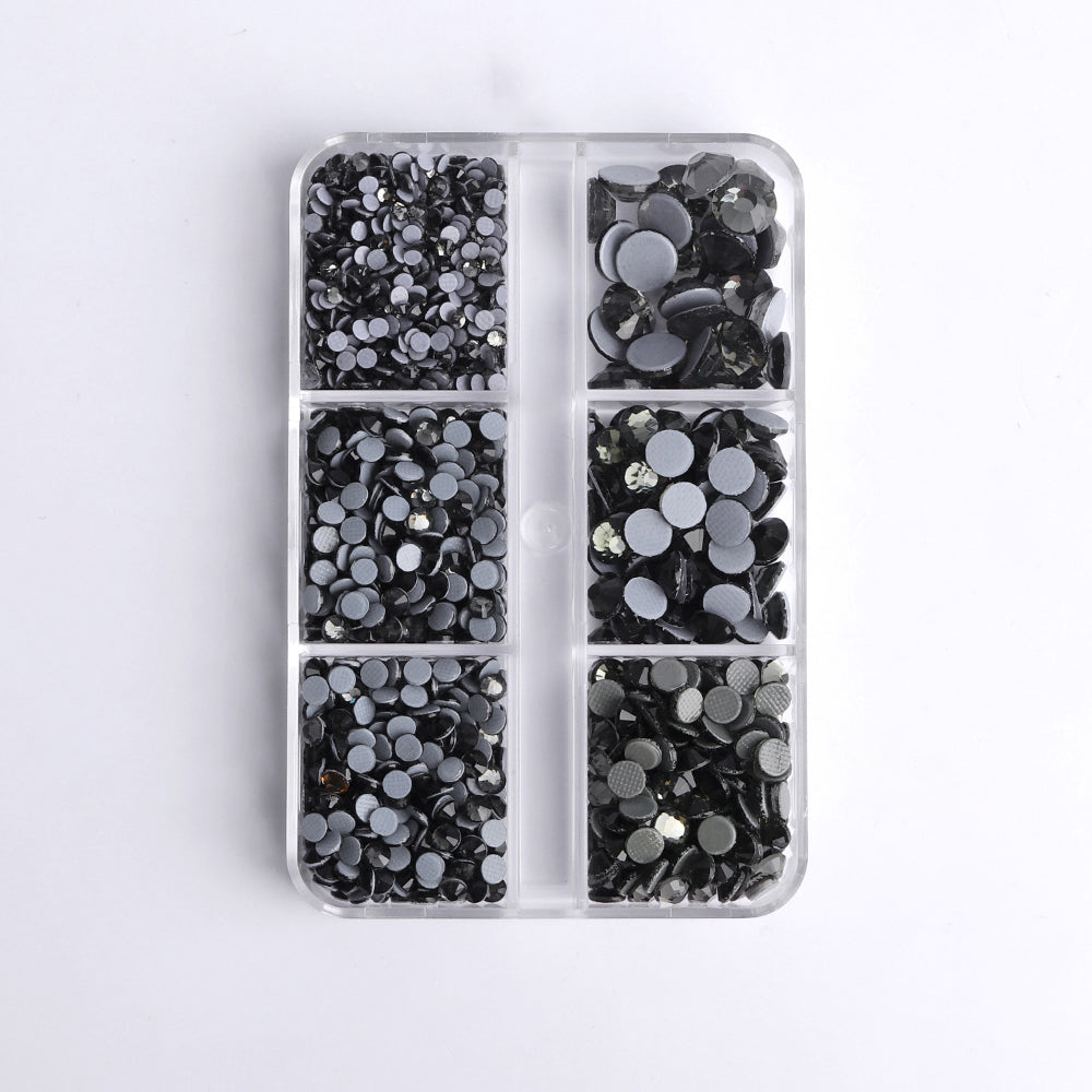 Mixed Sizes 6 Grid Box Black Diamond Glass HotFix Rhinestones For Clothing DIY