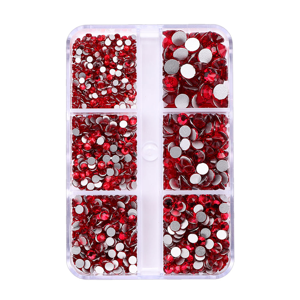 Mixed Sizes 6 Grid Box Siam Glass FlatBack Rhinestones For Nail Art Silver Back