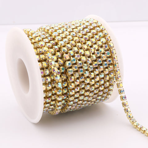 Crystal AB Glass Rhinestones Close Cup Chain- 1 Row Gold Base WholesaleRhinestone