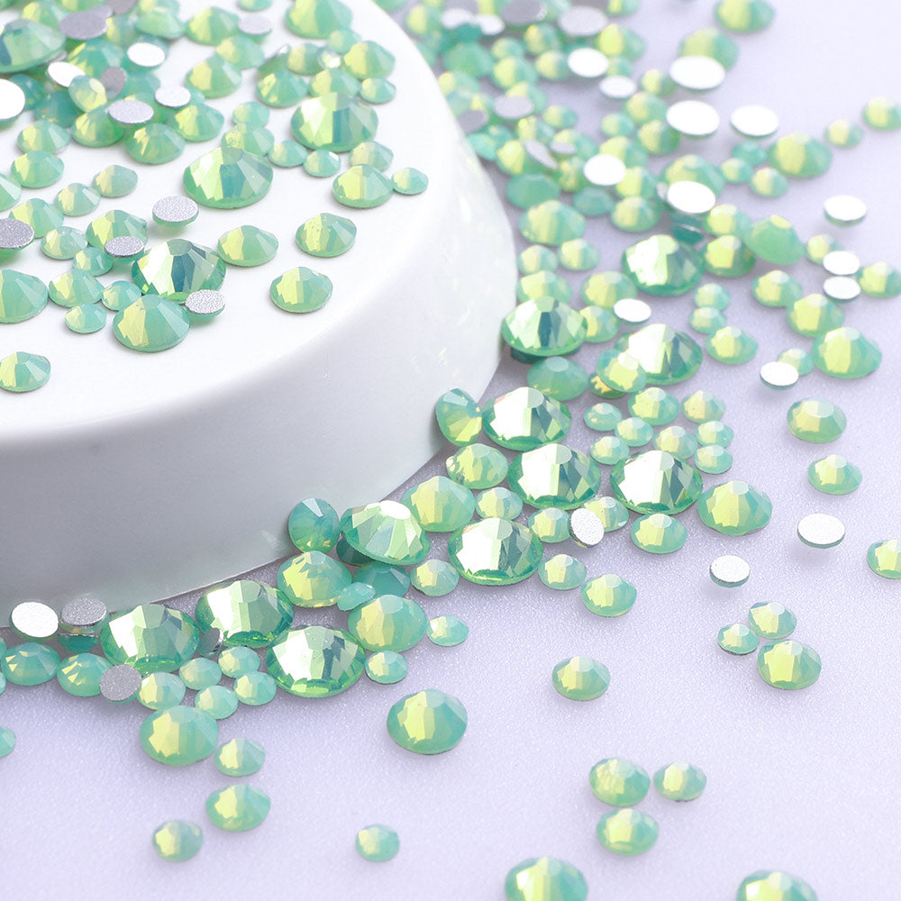 Mixed Sizes Green Opal Glass FlatBack Rhinestones For Nail Art Silver Back WholesaleRhinestone