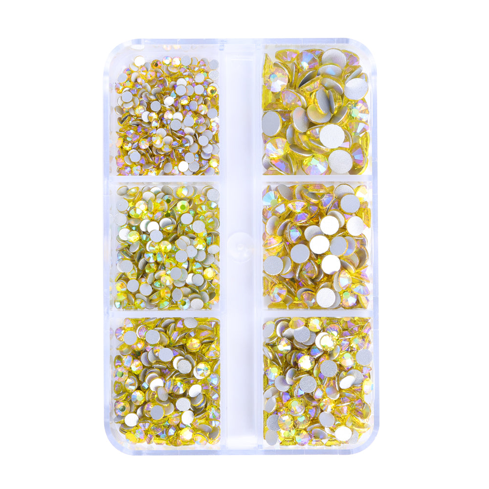 Mixed Sizes 6 Grid Box Citrine AB Glass FlatBack Rhinestones For Nail Art Silver Back