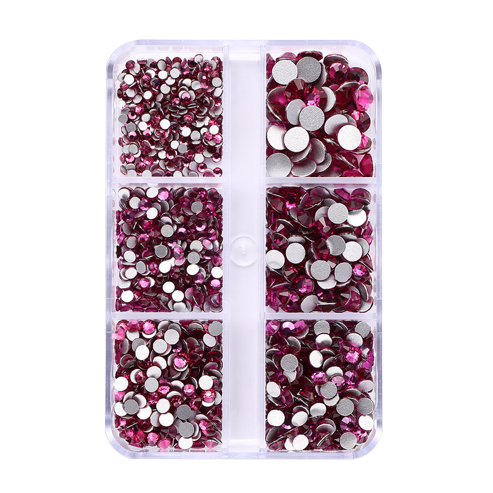 Mixed Sizes 6 Grid Box Fuchsia Glass FlatBack Rhinestones For Nail Art Silver Back