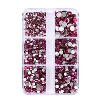 Mixed Sizes 6 Grid Box Fuchsia Glass FlatBack Rhinestones For Nail Art Silver Back