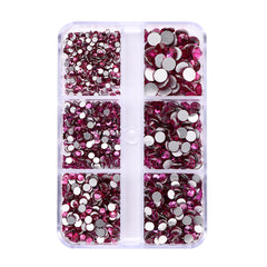 Mixed Sizes 6 Grid Box Fuchsia Glass FlatBack Rhinestones For Nail Art Silver Back